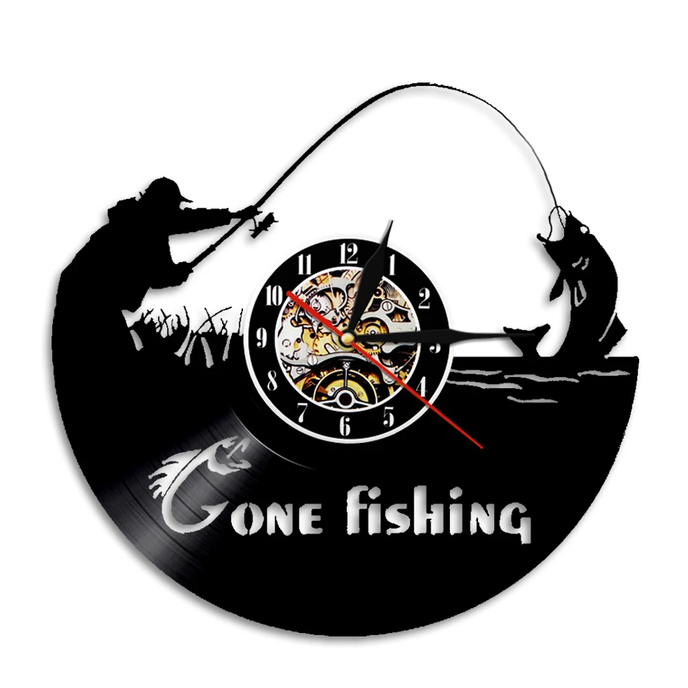 

Gone Fishing Fish Rod Wall Clock Fisherman Home Decor Fishing Vinyl Record Wall Clock Timepieces Handmade Gift For Fishermen