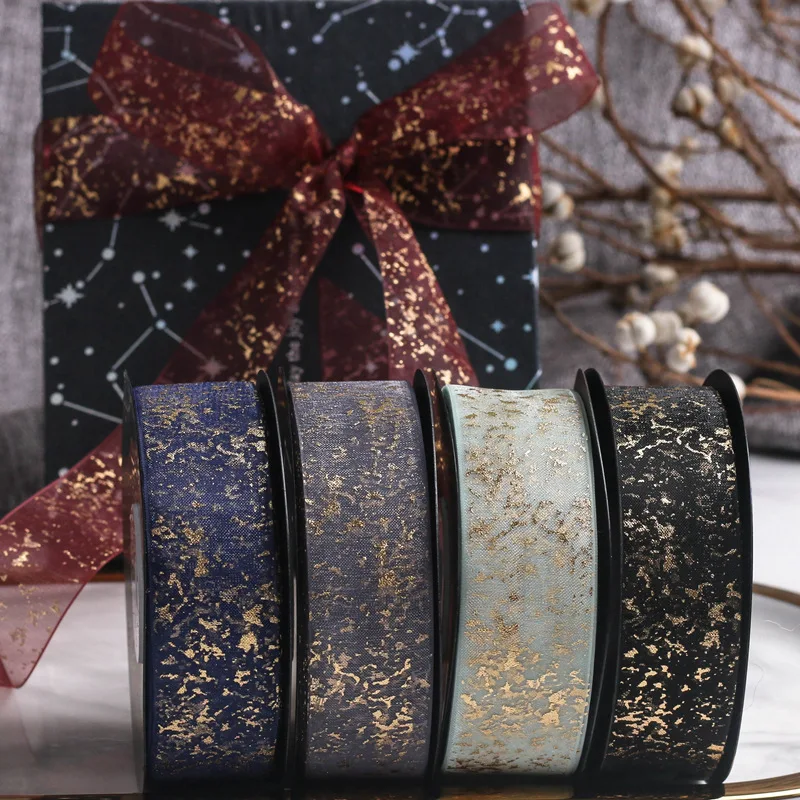 25mm/5Yards Bronzing Crack Snow yarn Ribbons Bouquet Cake Hair Bows Gifts Box Packaging Birthday Wedding Party Christmas Decor