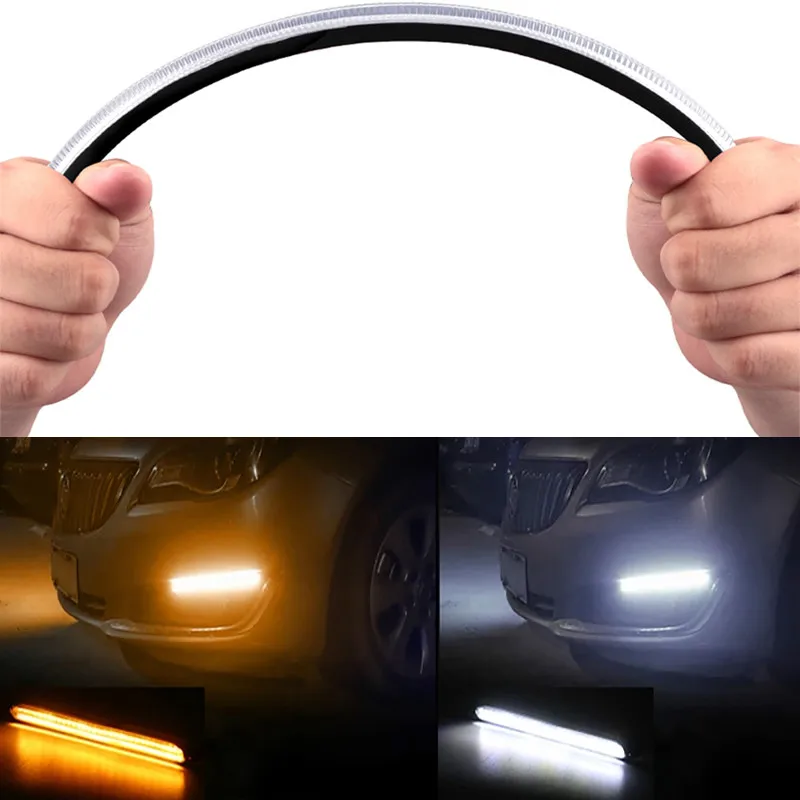 2 Stuks Auto Led Drl Dagrijlicht Waterdichte Flexibele Strip Koplamp Sequentiële Dynamische Stroom Richtingaanwijzer Gele Lichten 12V