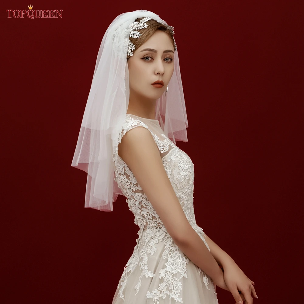 TOPQUEEN V28 Wedding Veil Short Elegant Plain Yarn Cheap Wedding Veil Two Layer Soft Bridal Veils Cover Front and Back Blusher