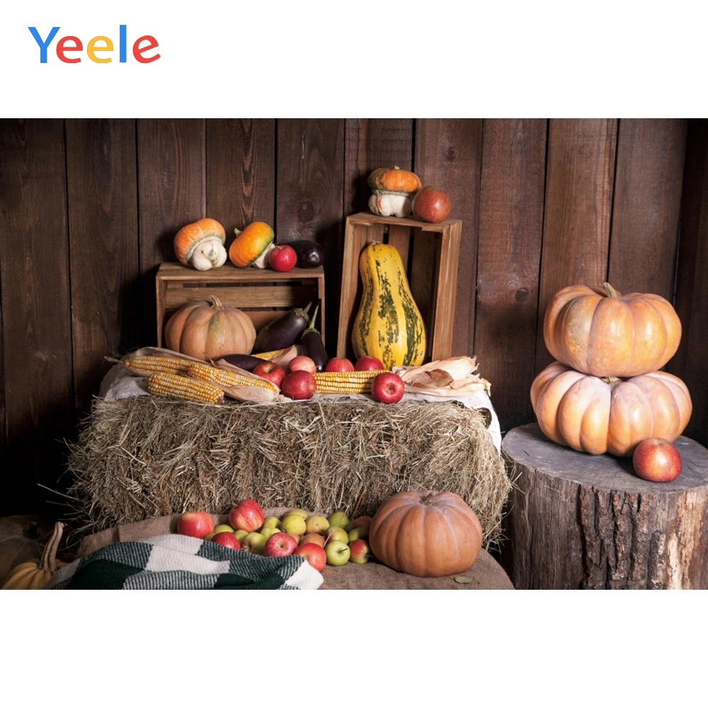 

Autumn Farm Barn Harvest Pumpkin Wood Board Hay Block Newborn Baby Portrait Backdrop Photography Background For Photo Studio