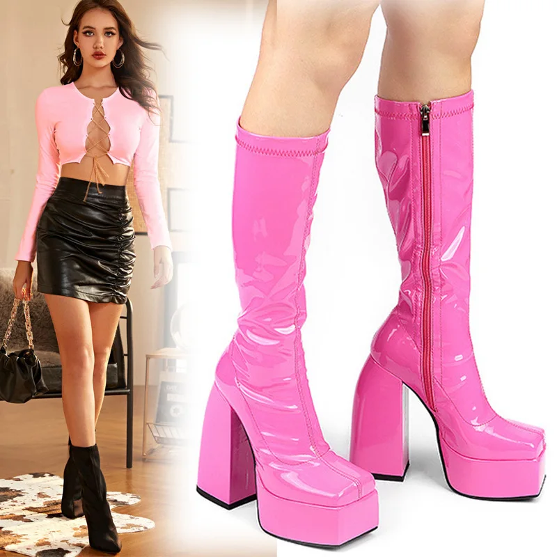 

Sexy Mid-Calf Patent Leather Boots Women Chunky High Heels Boots Women Side Zipper Platform Shoes Women Winter Botas de mujer