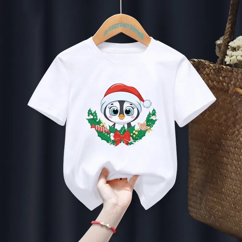 Merry Christmas Deer Cartoon Cute White Kid T-shirts Children Summer Girl Gift Present Clothes Boy Animal TOps Tee,Drop Ship