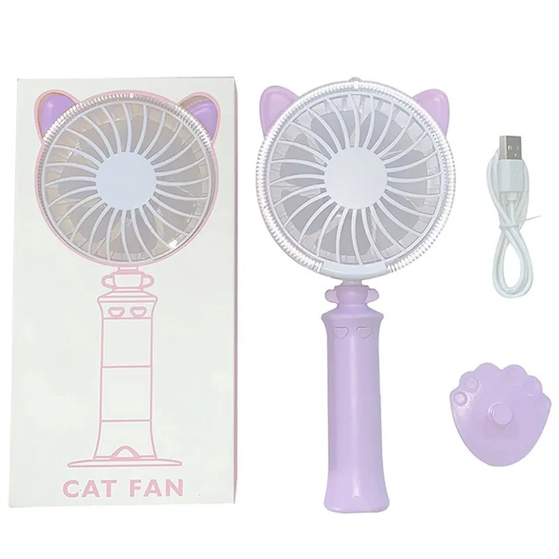 Портативный ручной вентилятор-кошка, на батарейках, перезаряжаемый через USB, с 2 скоростями, с ночным светильник щением для офиса и улицы