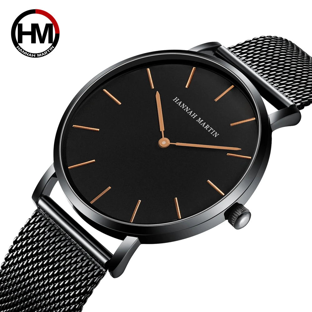 Drop shipping Hannah Martin Waterproof Japan Quartz Movement Stainless Steel Mesh Band Fashion Male Black Rose gold Watches Men