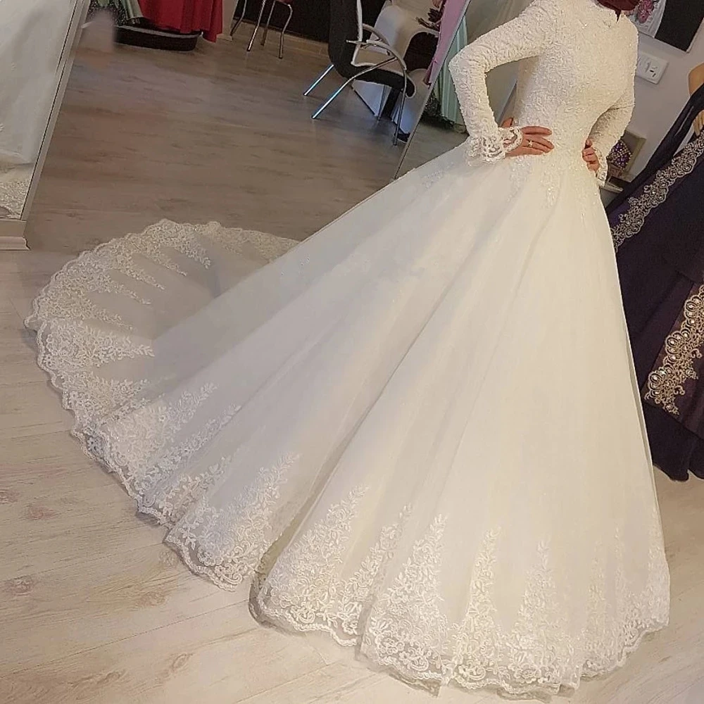 

ANGELSBRIDEP Long Sleeves Muslim Ball Gown Wedding Dresses Robe De Mariee Sexy High-Neck Applique Court Train Formal Bride Gown