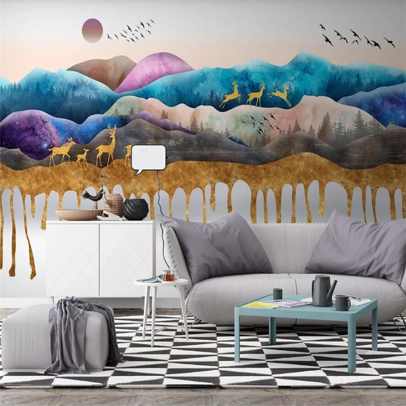 

Customized Wallpaper 3d New Chinese Ink Landscape Zen Bird Sunrise TV Background Wall Living Room Bedroom Mural papel de parede