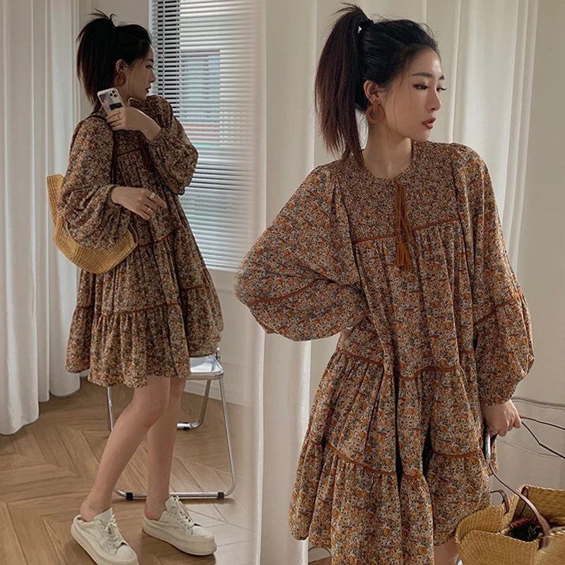 Korean style loose pregnant women floral dress long loose blouses ruffles patchwork maternity chiffon shirts pregnancy dresses