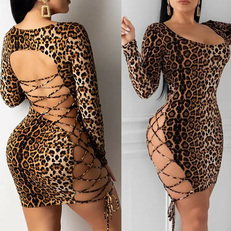 Women Sexy Hollow Out Leopard Mini Dress Long Sleeve O-Neck Backless Skinny Stretch Short Dresses Night Club Sex Wear