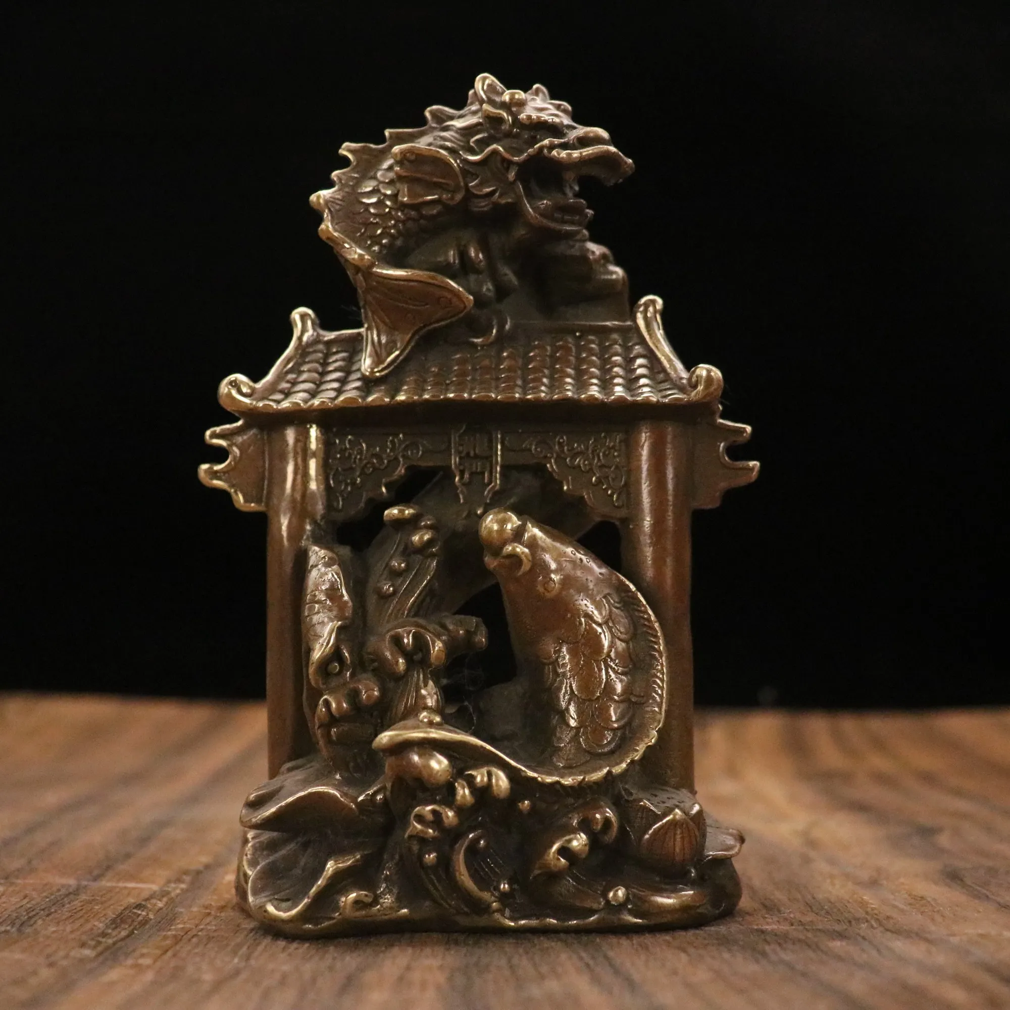 

6"Tibetan Temple Collection Old Bronze Carp Leaping Dragon Gate Become a rich family Gather wealth Office Ornaments Town House