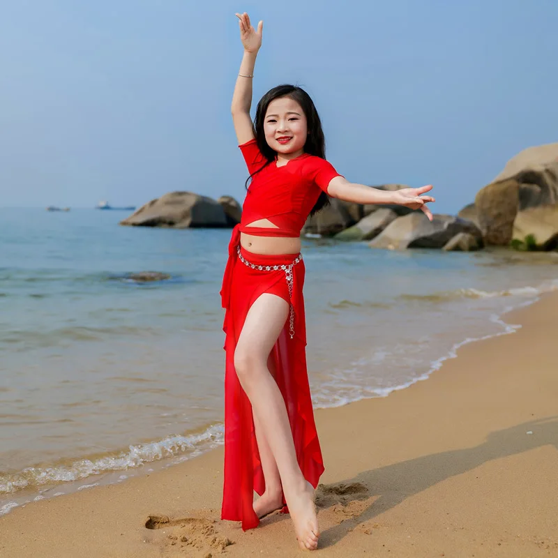 Ensemble de olympiques de danse du ventre à manches courtes pour enfants, vêtements de pratique de la danse du ventre, haut et jupe, vêtements Indise, mode