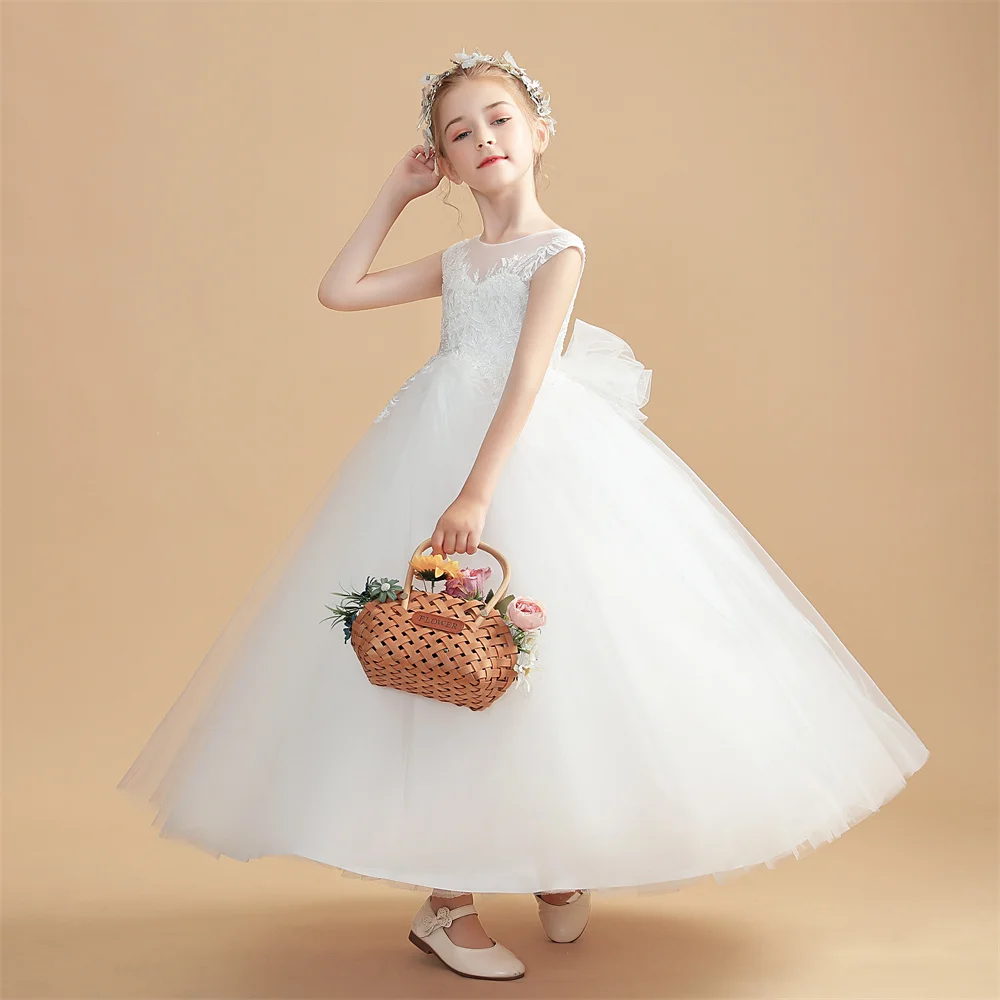 Flower Cô Gái Váy Cho Đám Cưới Lần Đầu Dresses Ren Beading Đảng Prom Công Chúa Appliques Áo Trẻ Em Cuộc Thi 2-14Years