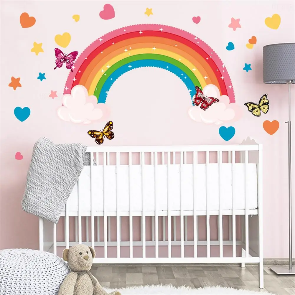 1 szt. Kolorowy tęczowy motyl naklejka na ścianę z sercem do pokoju dziecięcego Baby Girl Room dekoracyjne naklejki przedszkole sypialnia naklejka