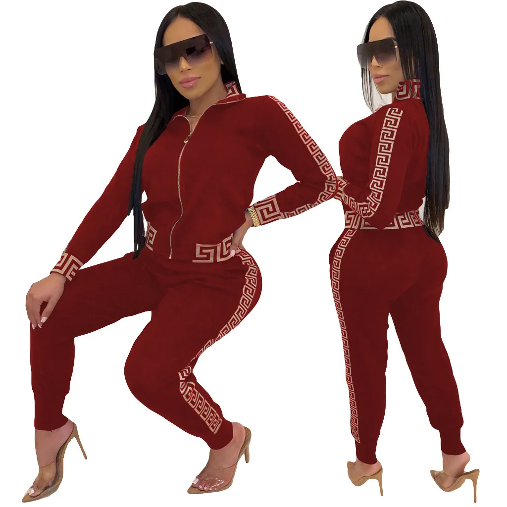 2025 y2k Tracksuit Women Elegant Two -Pieces Suit Sets Female Stylish Plus Size Greek Fret Print Coat & Pant Sets jogging femme