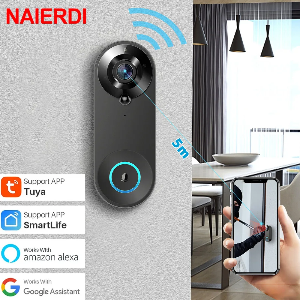 NAIERDI Smart Electronic Door Viewer Wireless WiFi Visual Doorbell Peephole 1080P HD Night Vision Visual Intercom Door Camera