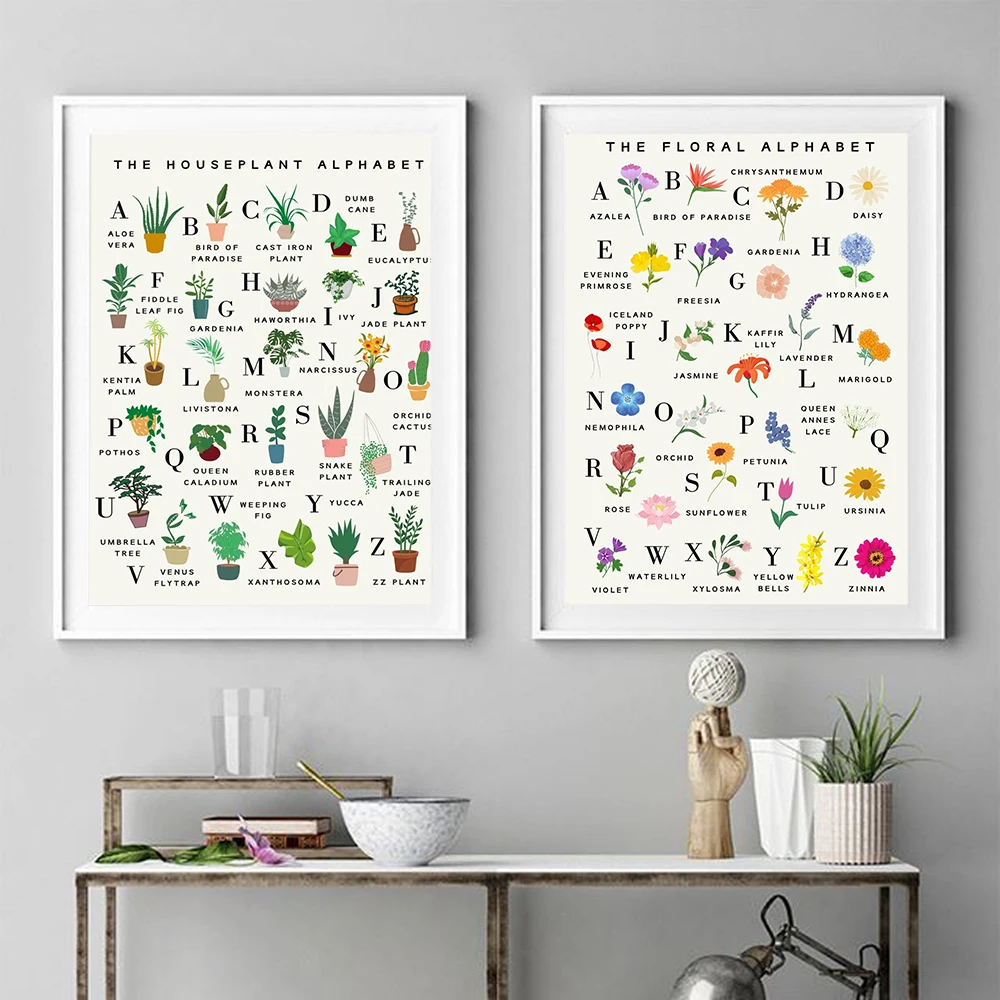 House Plants Alphabet Poster Plant Lover Gift Flowers Succulent Botanical Wall Art Canvas Painting Nursery ABC's Picture Decor