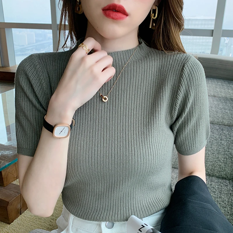 2024 Summer Knitted Thin Sweater Pullovers Korean Half Sleeve Turtleneck Sweater for Women Slim Jumper Tops Office Lady