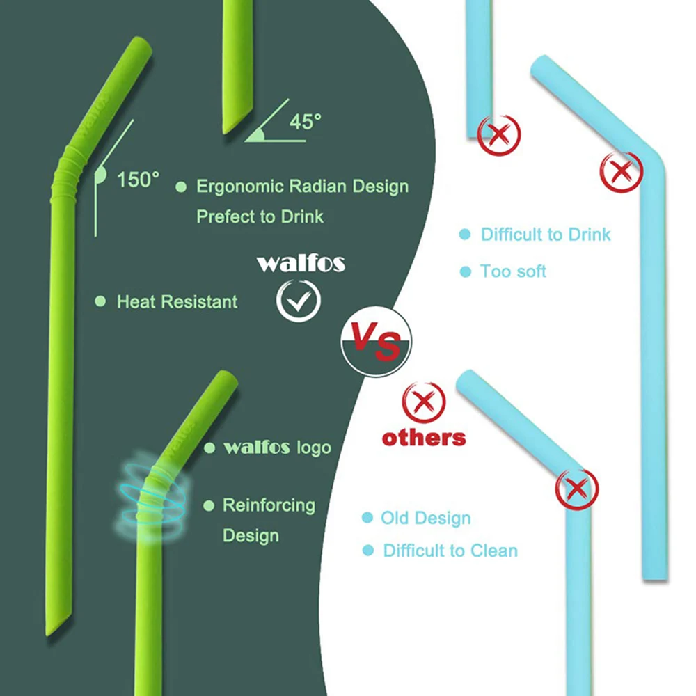 WALFOS 11 Pieces/Set Reusable Silicone Straws Set Extra Long Flexible Straws Bar Accessories Cleaning Brushes Bag Kitchen Tools