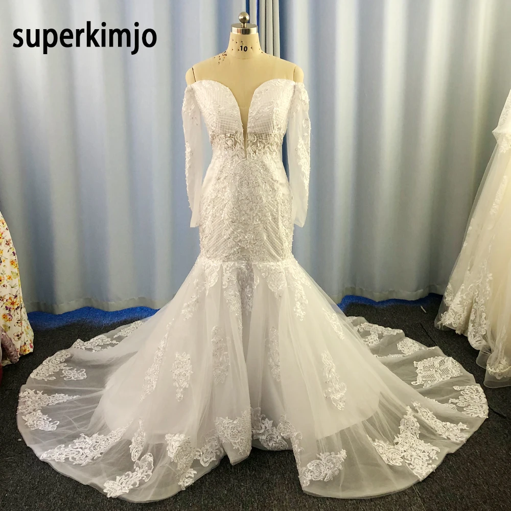 Mermaid abiti da sposa scollo a cuore a maniche lunghe in pizzo paillettes vintage immagine reale abiti da sposa abiti da noiva