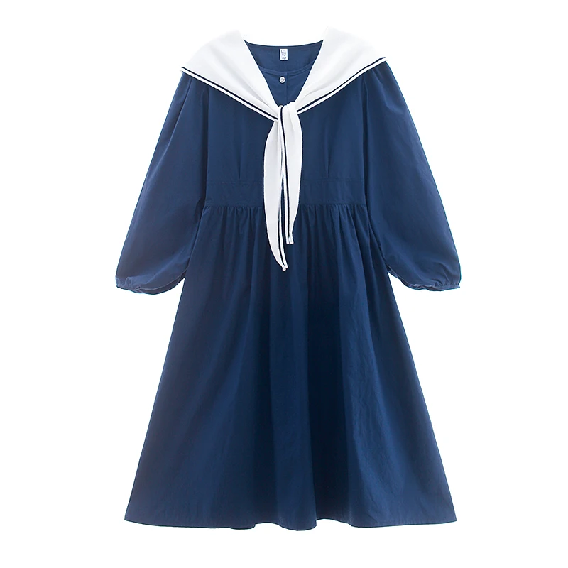 Japanese Kawaii Navy Dress Women Clothes Removed Sailor Collar Vintage Long Sleeve Large Size Sweet Loose Casual 2 Piece Dresses