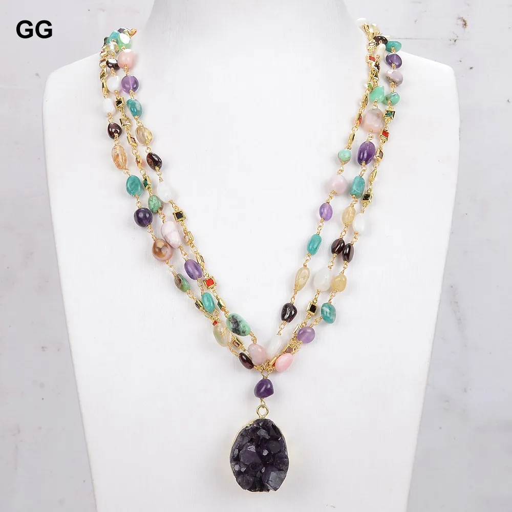 

GG Natural Multi Semiprecious Quartz Rosary Chain Necklace Amethyst Druzy Pendant 23" For Women Punk Jewelry