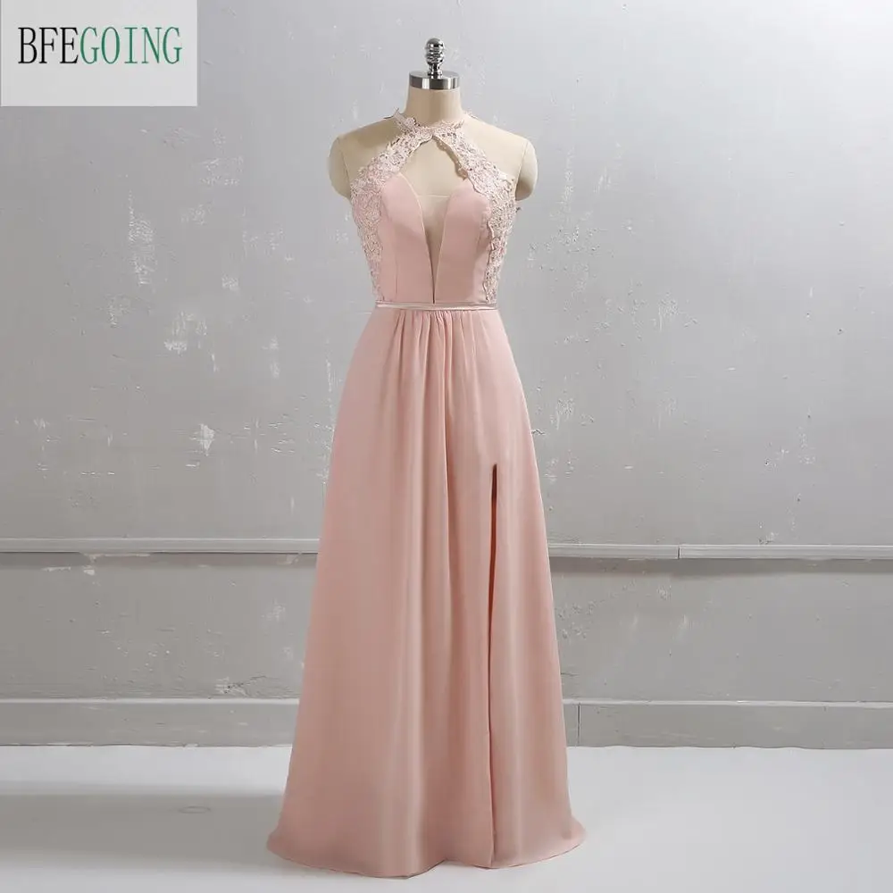 Blush rosa chiffon renda cabresto chão-comprimento sem mangas festa de casamento a linha mãe dos vestidos de noiva