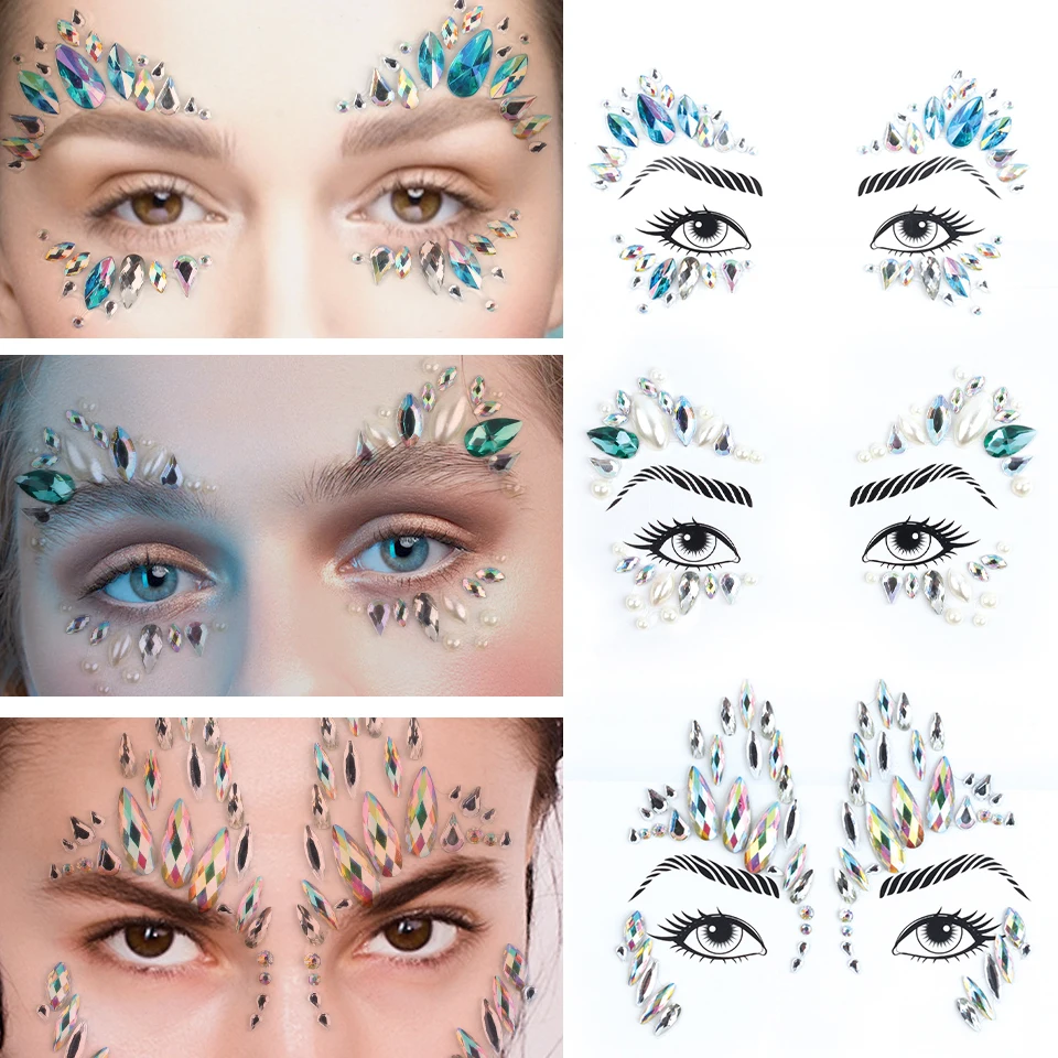 Face Metallic Temporary Tattoo Sticker,  Face Gems Mermaid Jewels Rave Crystal Gems Eye Body Face Stickers for Festival Party