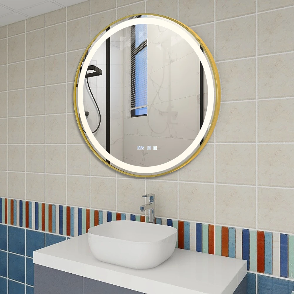 Round Smart LED Bathroom Mirror With Golden/Black Frame 3 Color LIght With Bluetooth Speaker Time&Temperature Display  Defogging