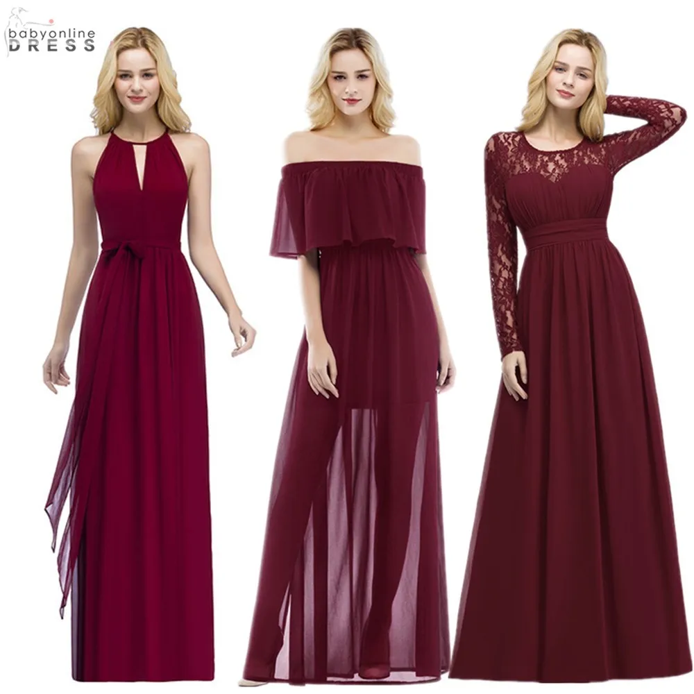 Fast Ship Burgundy Chiffon Wedding Party Dress Long Elegant Bridesmaid Dress Prom Gowns Maid Of Honor Vestido de Festa