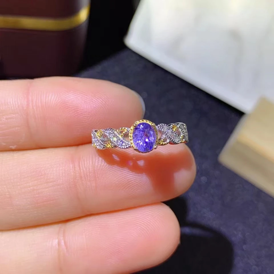 925 Pure Silver Chinese Style Natural Tanzanite Women's Luxury Classic Two Color Adjustable Gem Ring Fine Jewelry Support Detect