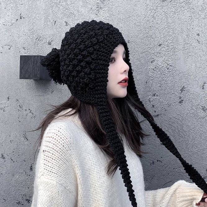 Autumn Winter Ear Protection Hat Women\'s Warm Knitting Tassel Baotou Girl Outdoor Leisure Solid Color Retro Student Blue