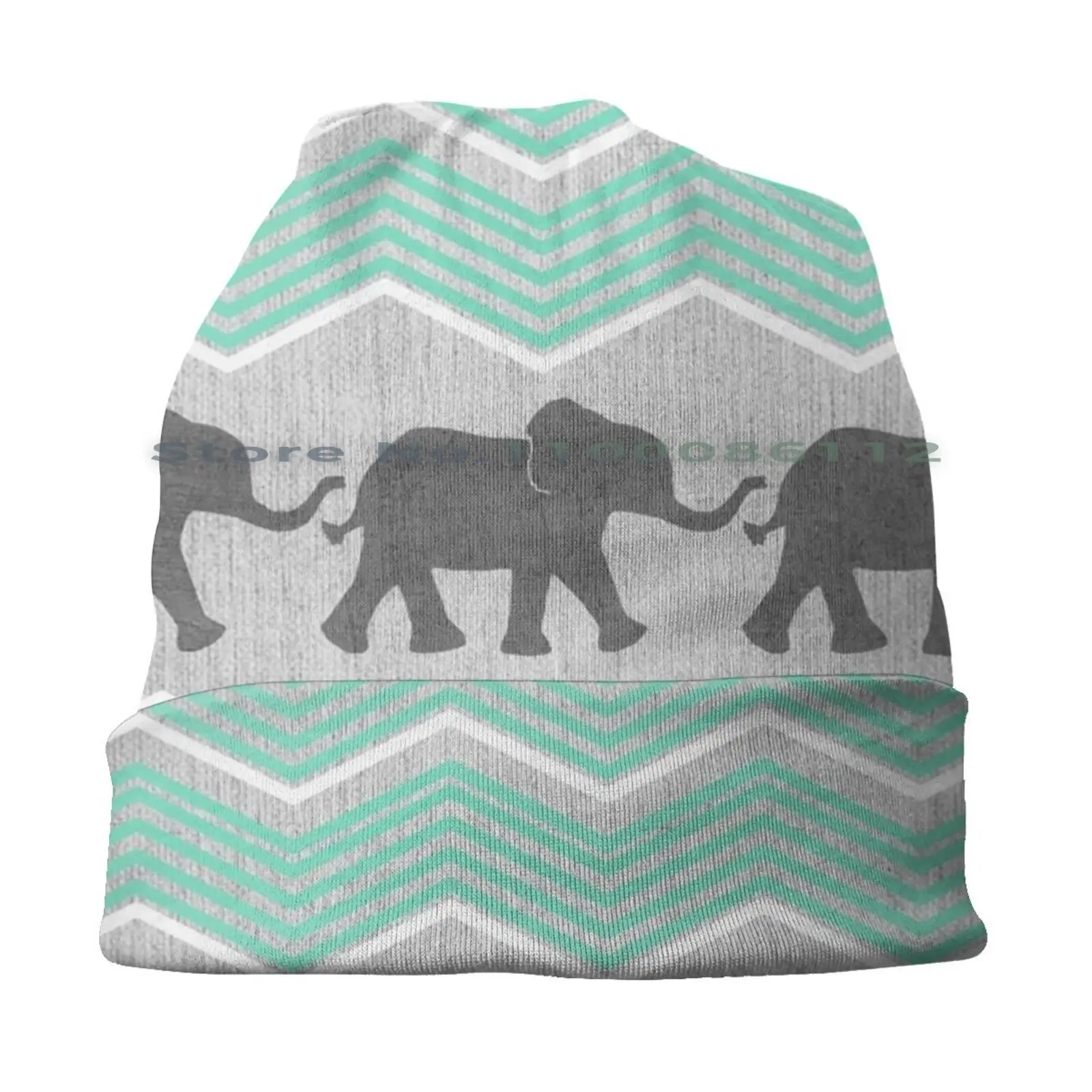 Three Elephants Beanies Knit Hat Grey Teal Turquoise Blue Wood Silver Animals Zig Zags Mint White Textured Graphic Cute African