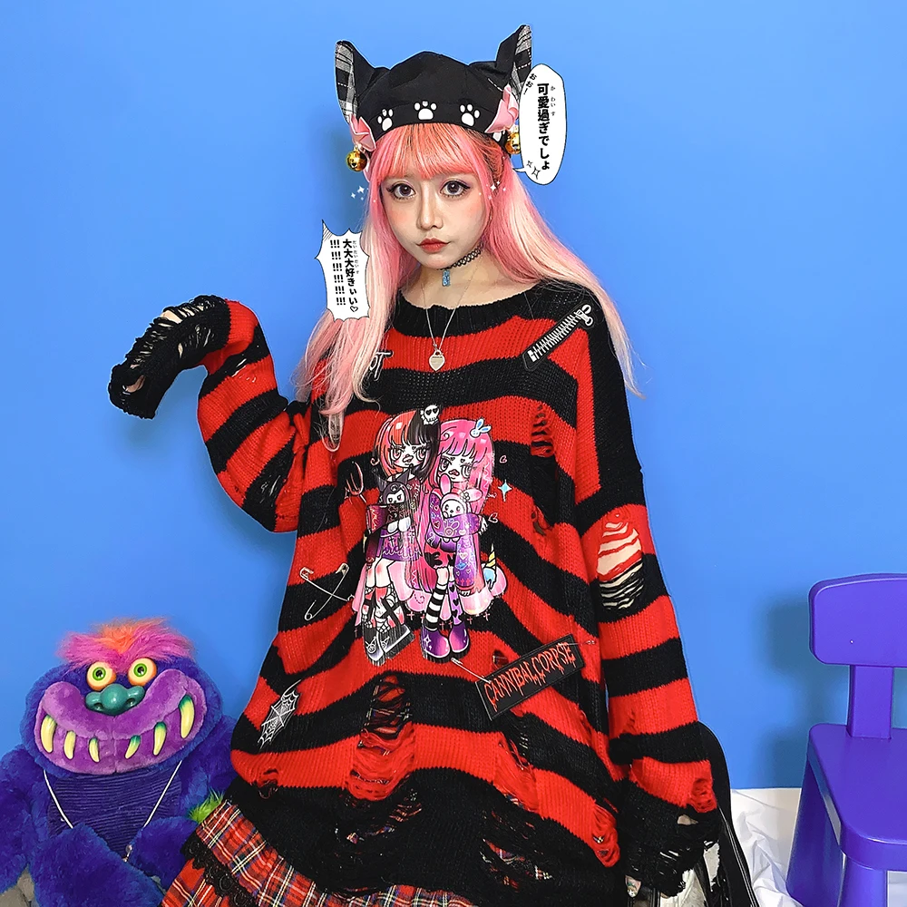 Y2K Japanese Harajuku Punk Holes Sweater Red Black Striped  loose Anime Print Zipper Ripped Knit Pullovers Gothic Girls Clothing