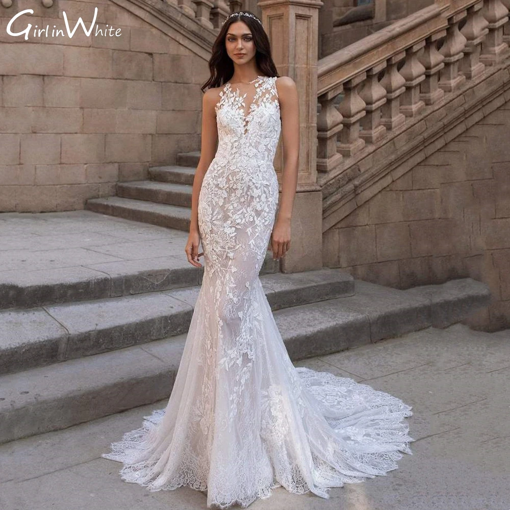 Corpo inteiro rendas apliques vestido de casamento sereia halter pescoço robes de noiva tribunal trem vestidos de noiva ilusão volta vestido