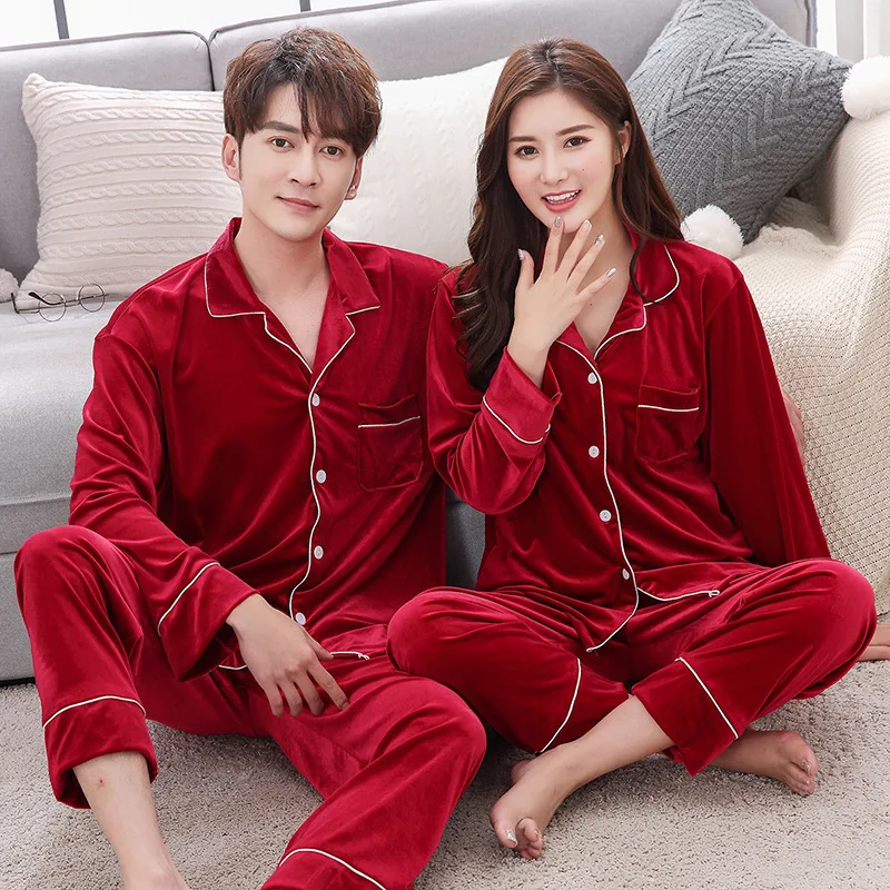 Couple Winter Warm Pajamas Women Men Velvet Long Sleeve Long Pants Home Sleepwear Ladies Velour Night Pyjamas Set