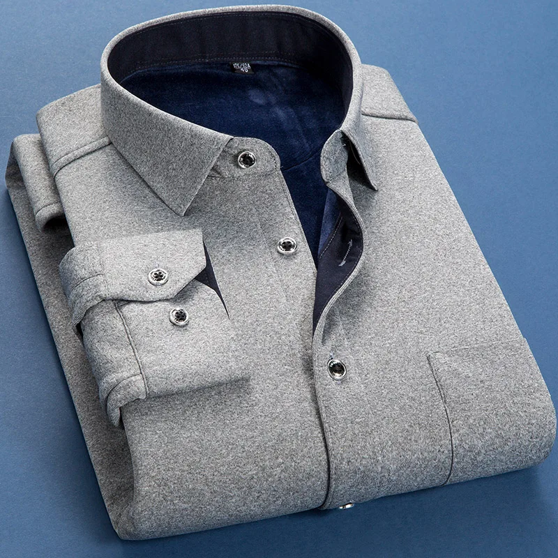 M-6XL Autumn Winter Men Fleece Warm Shirt 2026 Male Fashion Solid Long Sleeve Business Big Size Shirt Plaid Thick Warm Shirt