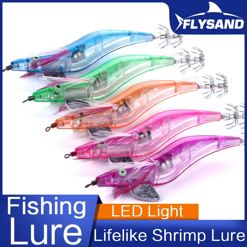 FLYSAND Flashing LED Light Lead Sinker Squid Jig Hook Wooden Shrimp Artificial Fishing Lures Octopus Cuttlefish Shrimp Hard Bait