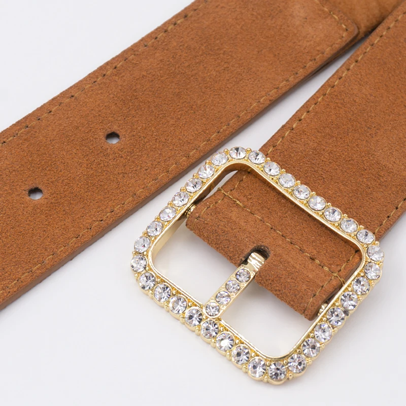 Exquisite Rhinestone suede waist closure layer cowhide elastic wide belt leather women\'s elastic belt frosted leather