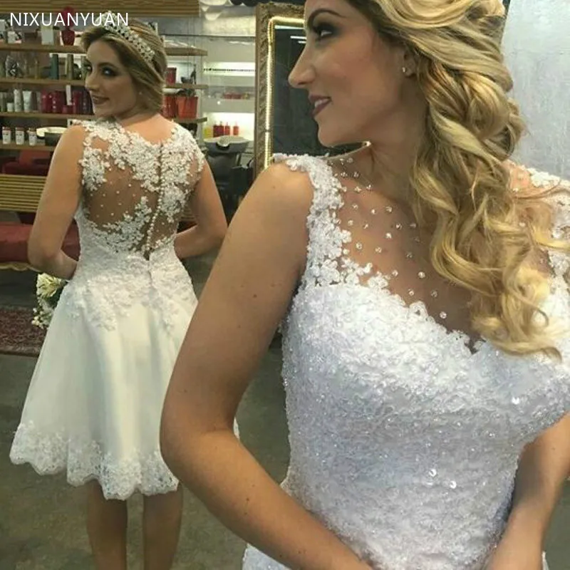 

White Lace Appliques Short Wedding Dresses Sheer Back Buttons Cheap Short Wedding Gowns Robe De Soiree