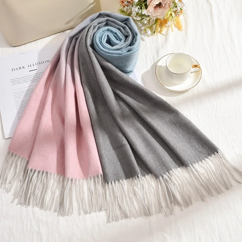 Women Cashmere Scarf  Winter Warm Thick Neck Scarves Gradient Pashmina Luxury Stole Outdoor Shawls Wrap 100% Pure Cashmere Scarf