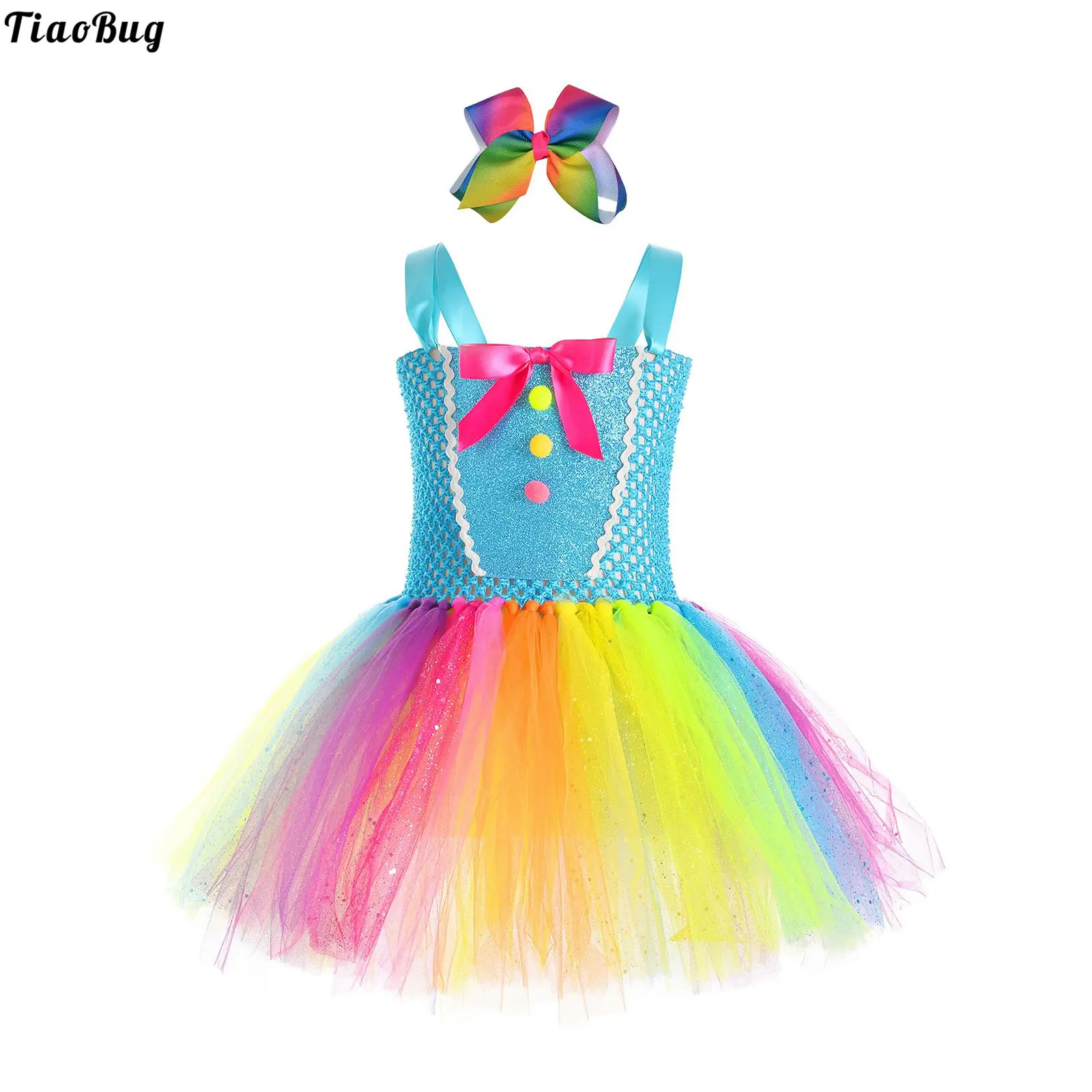 TiaoBug Kids Girls Princess Mesh Tutu Dress Straps Stretchy Bodice Colorful Dress With Headdress For Birthday Party