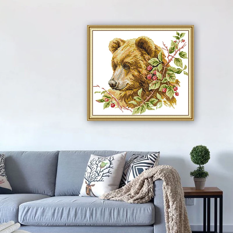 GG Brown Bear Animail Joy Sunday Painting Cross Stitch Pattern Embroidery Needlework Cotton Canvas Cross Stitch for Home Decor