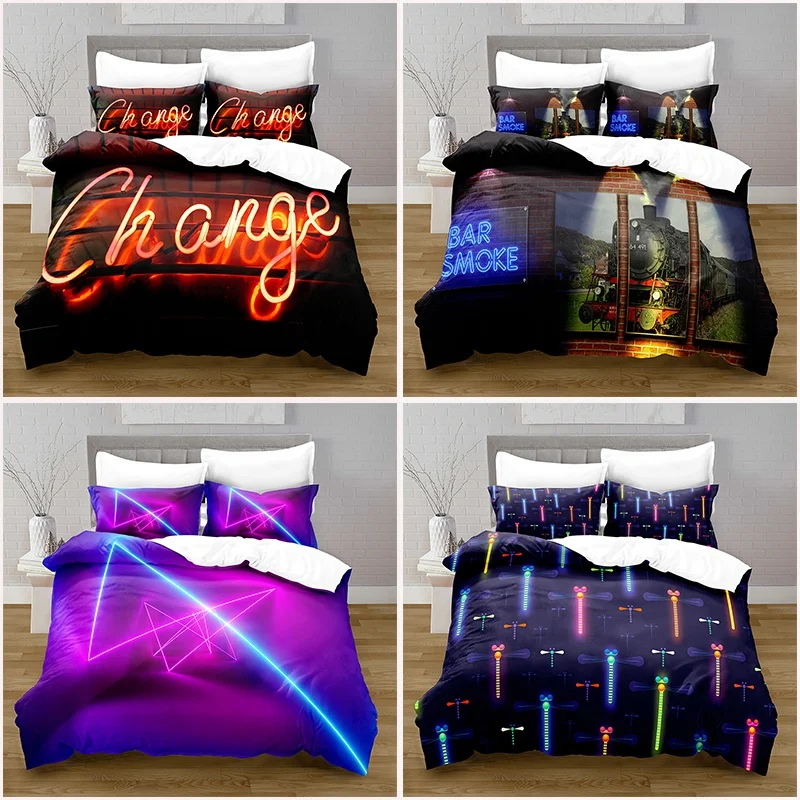 

3D Printing Neon Style Quilt Cover with Pillowcase Bedroom Decoration Queen Size Bedding Bedroom Set King Size Bed