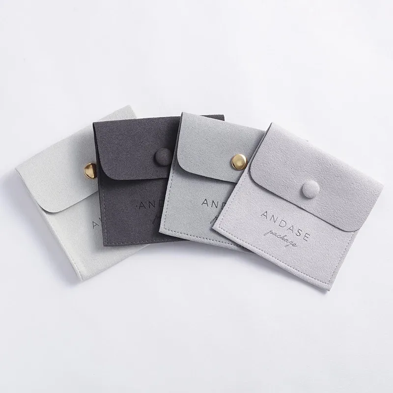 

20-500pcs Personalised Logo printed earrings luxury suede envelope microfiber pouches with button flap necklace packaging bags