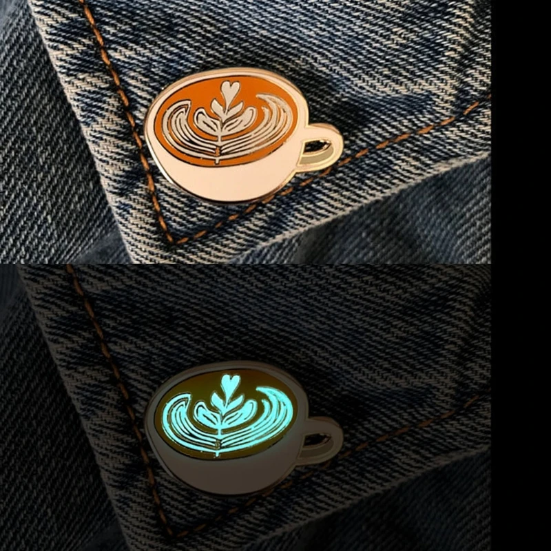 Luminous Coffee Cup Enamel Brooch Pins Glow in the Dark Latte Badge Pins Jewelry