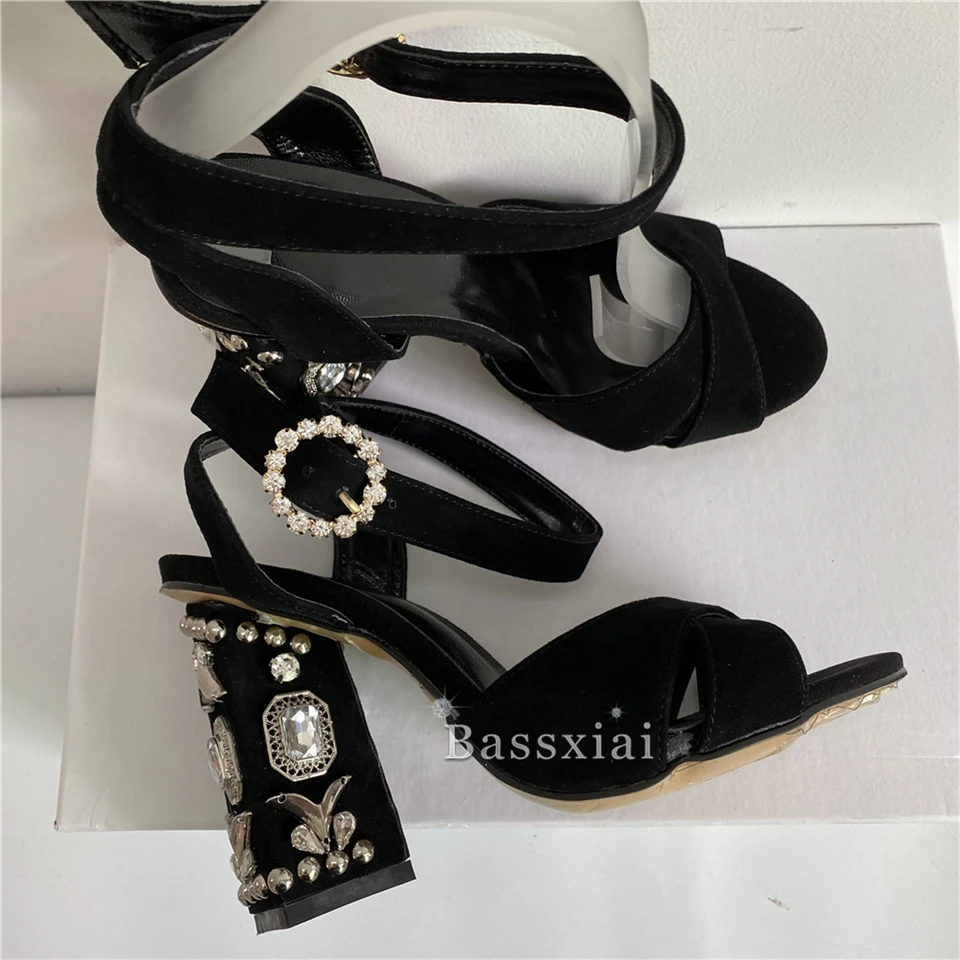 Luxury Patent Leather Cross Band Sandals Women Diamond High Heels Ankle Strap Rhinestone Summer Sandalias De Mujer