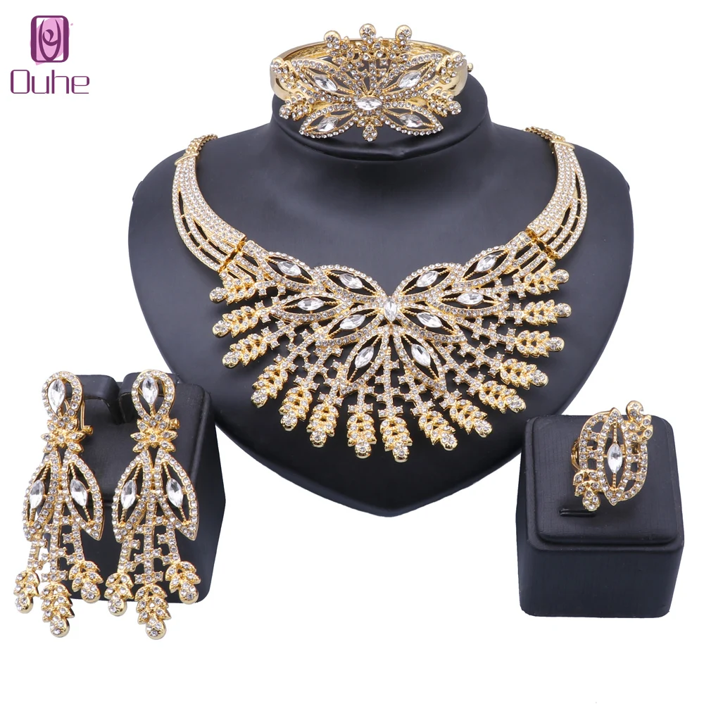 Bridal Dubai Women Jewelry Crystal Rhinestone Necklace Bangle Earrings Ring Indian Party Fashion Jewelry Sets