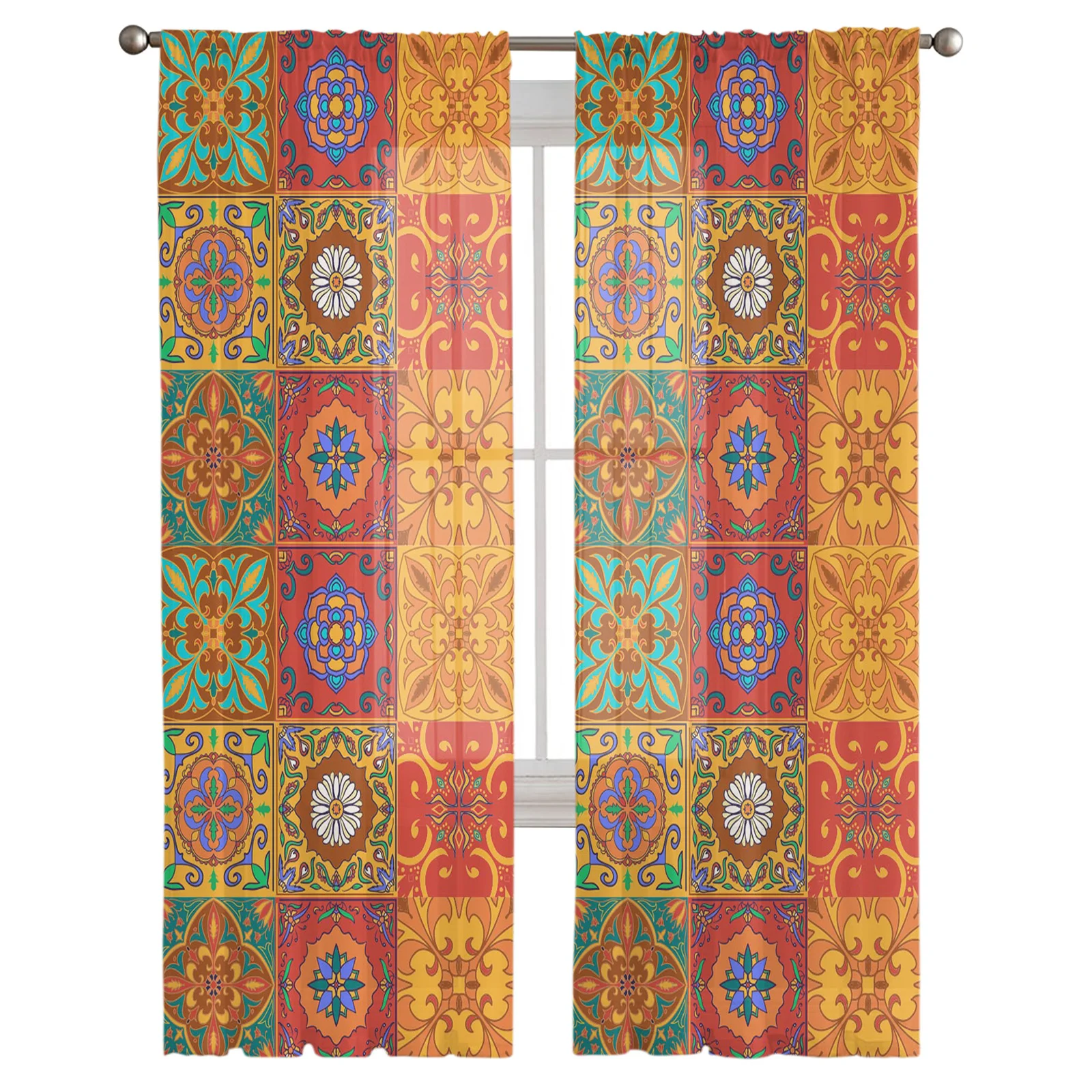 Retro Tile Pattern Image Curtain Window Tulle For Living Room Bedroom The Kitchen Window Treatment Decorations Curtains