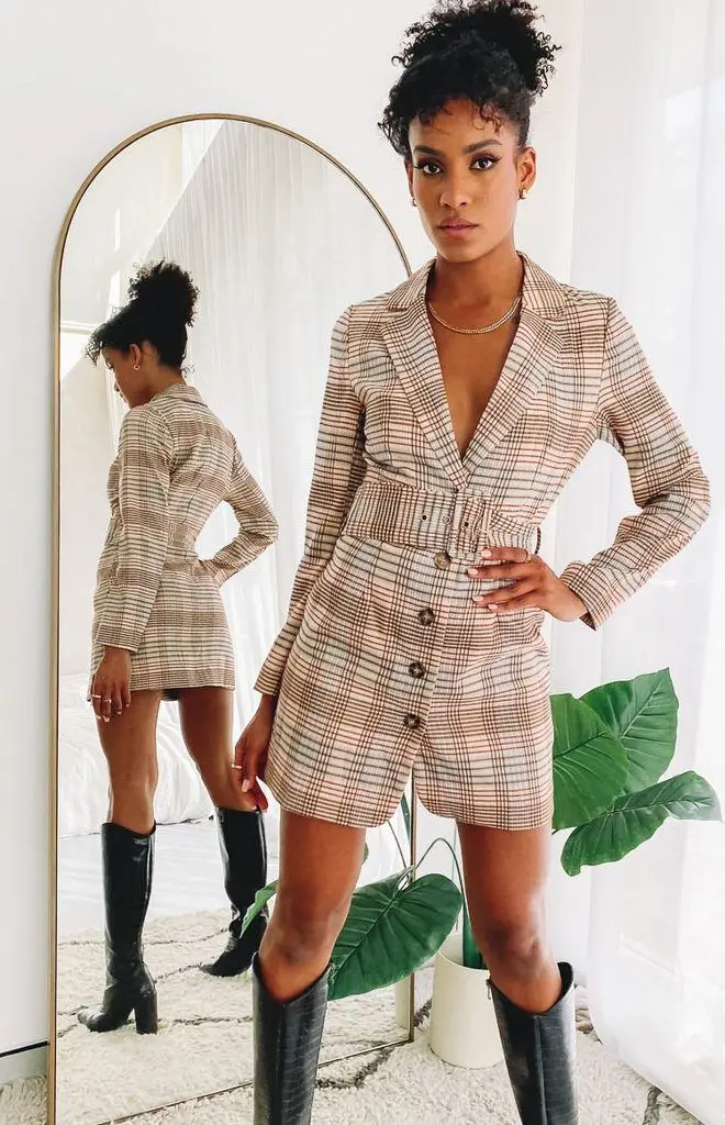 Vintage Women Blazer Dress Metro Plaid Single Breasted Jacket With Belt Fashion Elegant Casual Daily Streetwear Coat 1 Piece