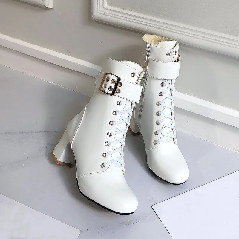 YQBTDL Fashion Sweet Woman Shoes High Heel Buckle Strap Cross Tied Lace Up Autumn Winter Booties Pink White Black Ankle Boots 43